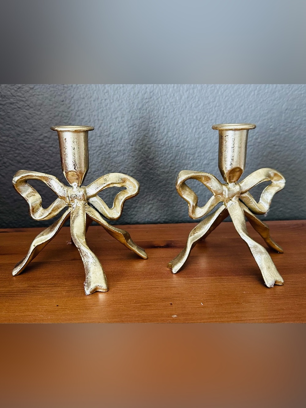 Set Of 2 Gold Metal Bow Taper Candle Holders 5 inch Christmas Holiday Decor
